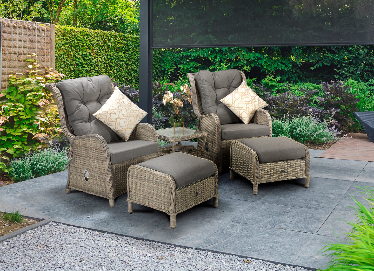 Signature Weave - Outdoor Furniture - Meghan - Five Piece Reclining Lounge Set In Fine Cream Grey Wicker With Pale Grey Cushions